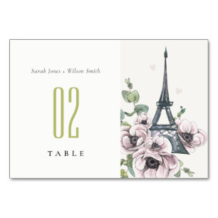 Vintage Watercolor Eiffel Tower Floral Wedding Table Number
