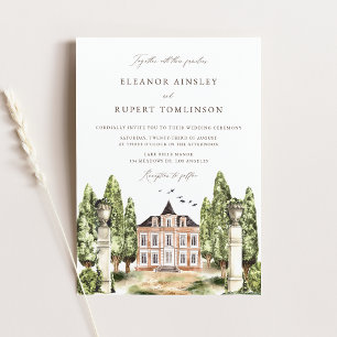 Vintage Watercolor English Manor QR Code Wedding Invitation Postcard