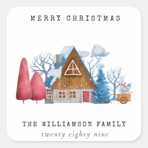 VINTAGE WATERCOLOR FESTIVE CHRISTMAS VILLAGE HOUSE SQUARE STICKER