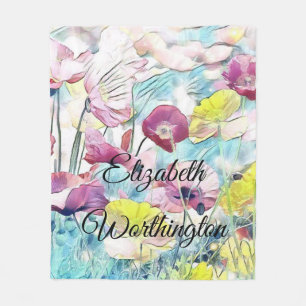 Vintage Watercolor Field of Poppy Flowers Fleece Blanket