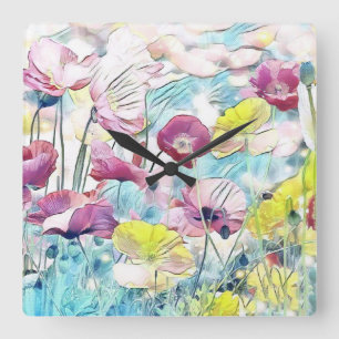 Vintage Watercolor Field of Poppy Flowers Square Wall Clock