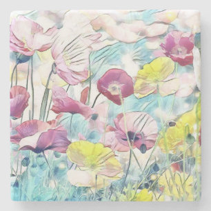 Vintage Watercolor Field of Poppy Flowers  Stone Coaster