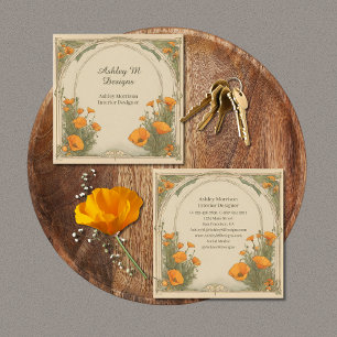 Vintage Watercolor Floral Art Nouveau Poppies Square Business Card