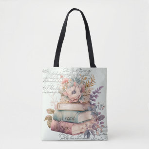 Vintage Watercolor Floral Book Lover Tote Bag