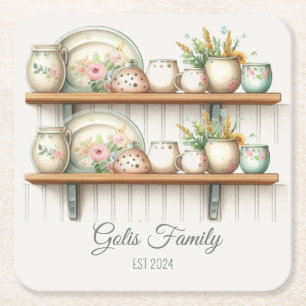 Vintage Watercolor Floral Dishes on Shelf  Square Paper Coaster