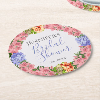 Vintage Watercolor Floral Frame Bridal Shower Round Paper Coaster