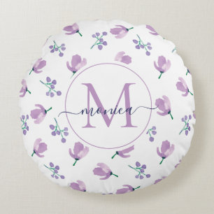 Vintage Watercolor Floral Monogrammed Name White Round Cushion