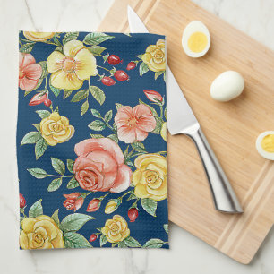 Vintage Watercolor Floral Roses Background Tea Towel