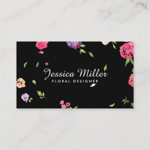 Vintage Watercolor Florals on Black Business Card