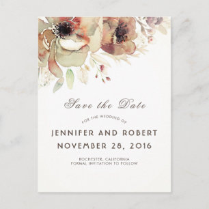 Vintage Watercolor Flowers Fall Save the Date Announcement Postcard