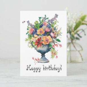 vintage watercolor flowers in a vase holiday card