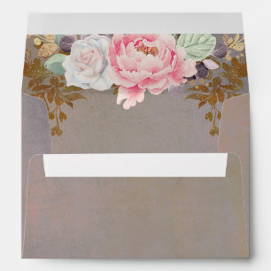 Vintage Watercolor Flowers Sage Blush Gold Envelope