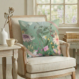 Vintage Watercolor Flowers Sage Green Cushion