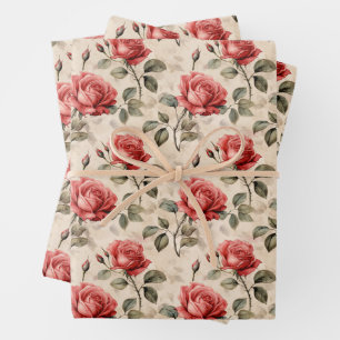 Vintage watercolor French red roses sage leaves Wrapping Paper Sheet