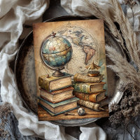 Vintage Watercolor globe old books world map