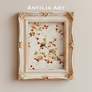 Vintage Watercolor Golden Bird on Red Berry Branch Poster