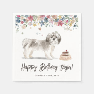 Vintage Watercolor Grey Shih Tzu Birthday Napkin
