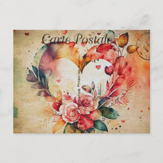 Vintage Watercolor Heart & Flowers 1 Postcard