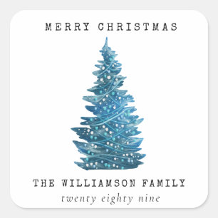 VINTAGE WATERCOLOR HOLIDAY CHRISTMAS TREE  SQUARE STICKER