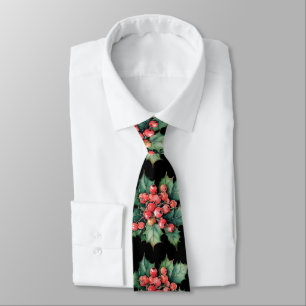 Vintage watercolor holly berries leaves black tie