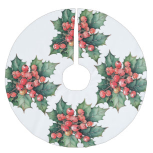 Vintage watercolor holly berries leaves brushed polyester tree skirt