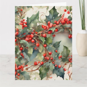Vintage watercolor holly berries leaves  card