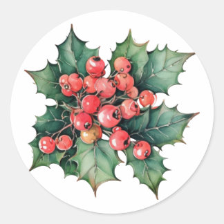 Vintage watercolor holly berries leaves classic round sticker