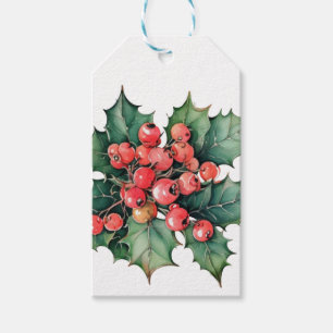 Vintage watercolor holly berries leaves gift tags