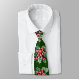 Vintage watercolor holly berries leaves green tie