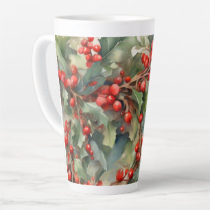 Vintage watercolor holly berries leaves latte mug