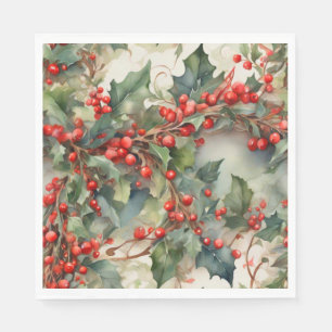 Vintage watercolor holly berries leaves napkin