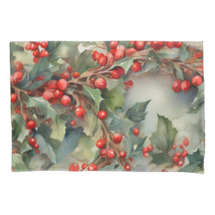Vintage watercolor holly berries leaves  pillowcase