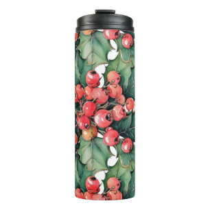 Vintage watercolor holly berries leaves  thermal tumbler
