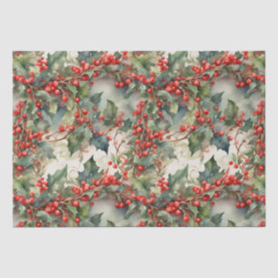Vintage watercolor holly berries leaves tissue paper