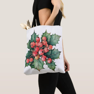 Vintage watercolor holly berries leaves  tote bag