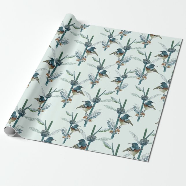 Vintage Watercolor Hummingbird Botanical Pattern Wrapping Paper (Unrolled)