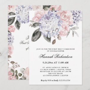 Vintage Watercolor Hydrangea First Holy Communion Invitation