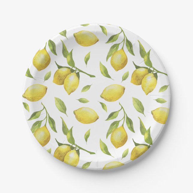 Vintage Watercolor Lemons and Greenery Pattern Paper Plate (Front)