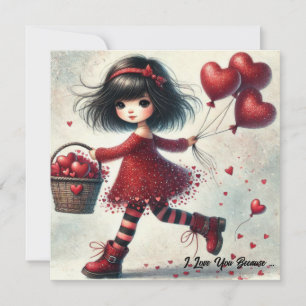 Vintage watercolor little girl holding red hearts holiday card