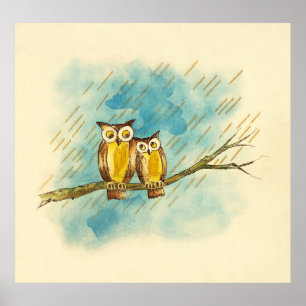 Vintage Watercolor Loving Owl Couple Poster
