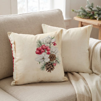 Vintage Watercolor Magnolia Pine Cone Botanical Cushion