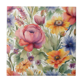 Vintage Watercolor Mixed Flowers in Bloom Tile