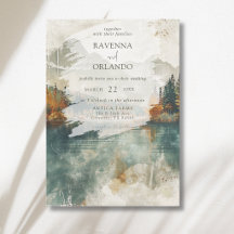 Vintage Watercolor Mountain Lake Fall Wedding