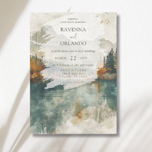 Vintage Watercolor Mountain Lake Fall Wedding Invitation