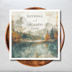 Vintage Watercolor Mountain Lake Fall Wedding Napkin