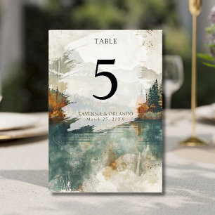Vintage Watercolor Mountain Lake Fall Wedding Table Number