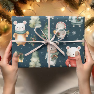 Vintage Watercolor Navy Blue Christmas Mouse Wrapping Paper