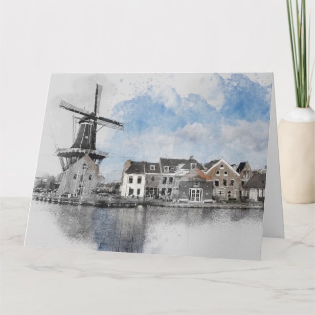 Vintage Watercolor Netherlands & Windmill Postcard (Front)