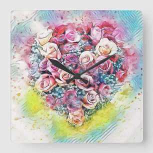 Vintage Watercolor of Colourful Roses Heart  Square Wall Clock