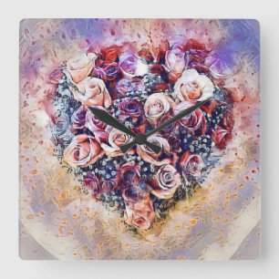 Vintage Watercolor of Colourful Roses Heart Square Wall Clock